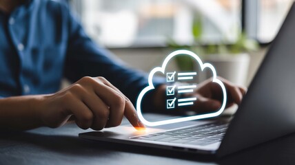 Navigating cloud tasks ensuring data security and managing digital assets with confidence using a silver laptop on a
