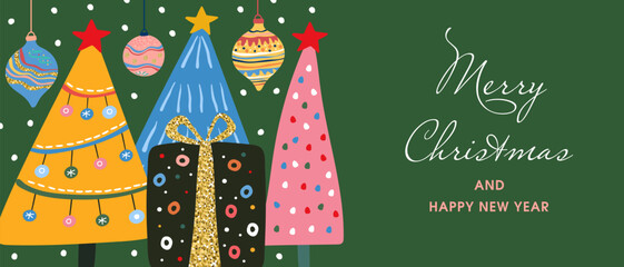 Merry Christmas and Happy New Year, banner with colorful abstract decorated Christmas trees and gift box for greeting card.
