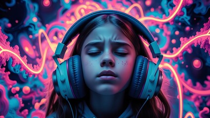A young girl with headphones immersed in a vibrant neon dreamscape of music and colorful light depression dementia mental health concept