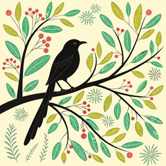 A stylized black silhouette of a bird with long, flowing tail feathers sits on a branch adorned with leaves and small flowers.