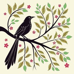 A stylized black silhouette of a bird with long, flowing tail feathers sits on a branch adorned with leaves and small flowers.