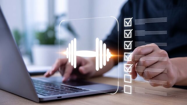 Achieving fitness goals with digital motivation checklist on laptop screen focusing on strength and wellness with a
