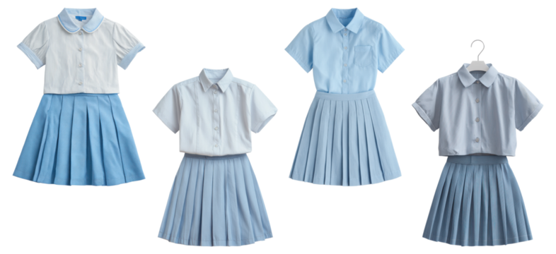Collection of blue and white school uniforms with pleated skirts.