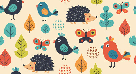 Obraz premium Cheerful woodland creatures and leaves repeat in a playful pattern.