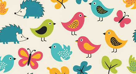 Fototapeta premium Colorful seamless pattern featuring stylized birds, hedgehogs, butterflies, and leaves on a light background.