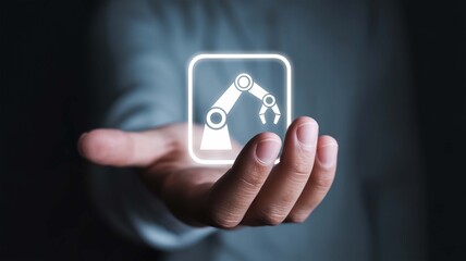 Holding innovation Presenting the future of automation with a robot arm icon representing smart technology and
