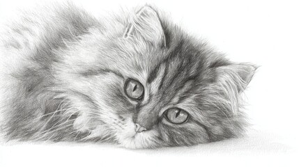 Detailed pencil drawing of a fluffy cat with expressive eyes resting on a surface in a calm indoor setting