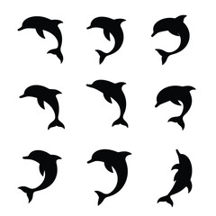 Nine Playful Dolphin Silhouettes Leap And Dive Creating A Dynamic Graphic Pattern Against White