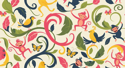 A playful pattern of monkeys, birds, butterflies, and leaves in vibrant colors.