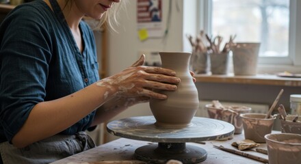Focused female artisan shaping a wet clay vase on a potter's wheel in a rustic workshop, embodying the art of handmade ceramics.