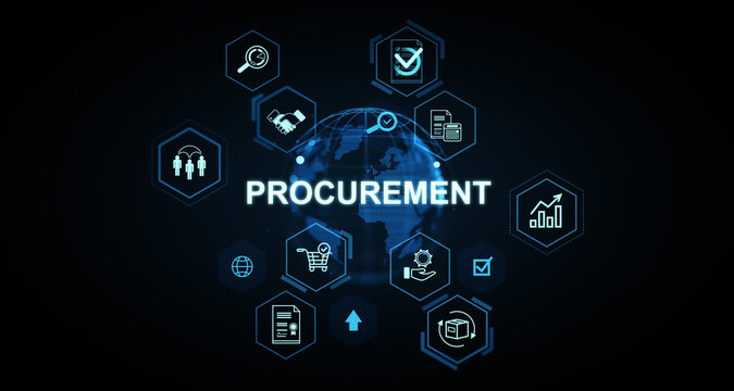 Procurement concept with digital icons showing supply chain, logistics, and business operations around glowing global network on dark background. 3D Rendering - Powered by Adobe