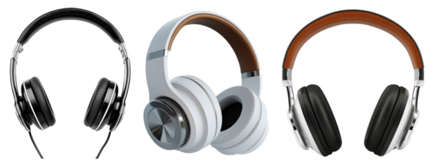 Three different over-ear headphones for listening to music.