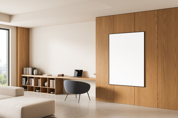 Empty poster mockup on wooden wall in modern home office interior with minimal desk and chair setup near bright window backdrop concept layout space. 3D Rendering