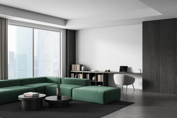 Modern minimalist interior design with green modular sofa, black tables, and home office area in high-rise apartment concept. 3D Rendering