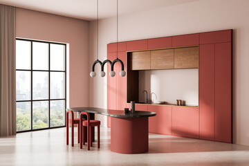 Modern kitchen interior design with coral cabinetry, wood accents, curved island and city view through large window in minimalist concept style. 3D Rendering