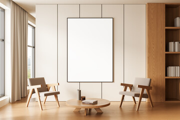 Modern living room interior with blank vertical poster on elegant beige wall, wooden furniture and soft lighting for clean design presentation concept. 3D Rendering