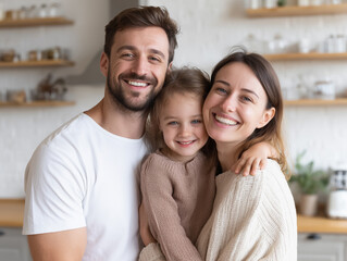 Fototapeta premium Smiling family poses together in modern kitchen during bright afternoon at home