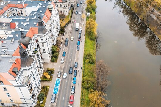 Aerial view of city street parking