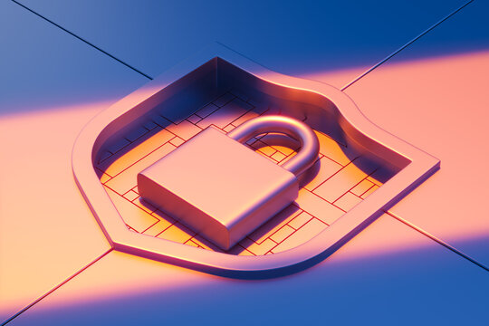 Cybersecurity padlock inside shield symbol on stylized surface representing secure data protection concept in futuristic digital environment. 3D Rendering