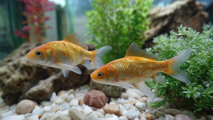 Obraz premium Golden koi fish gracefully swim in a clear aquarium set as decorative element in a living room. Their shimmering scales reflect ambient light, adding elegance and tranquility to the modern home space.