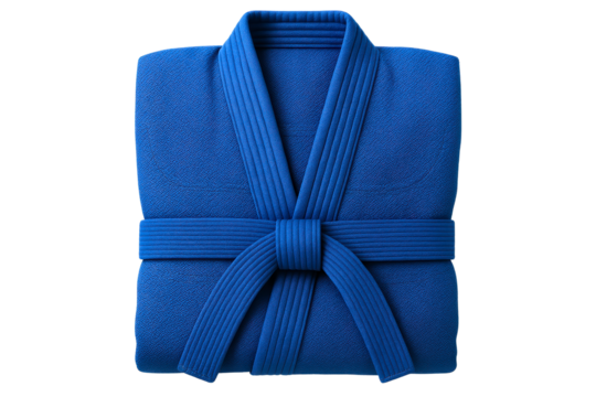 Folded blue martial arts training uniform with a tied belt on a transparent background