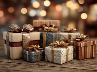Elegantly wrapped gift boxes on wooden surface, warm lighting, festive atmosphere for corporate celebrations or special events, photo-realistic arrangement.