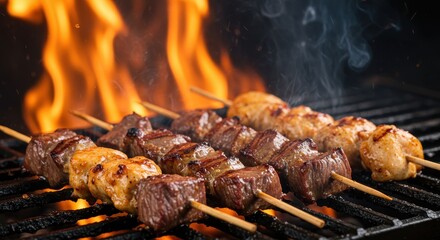 Delicious Grilled Skewers with Meat and Flames, Perfect for Summer Barbecues and Outdoor Gatherings