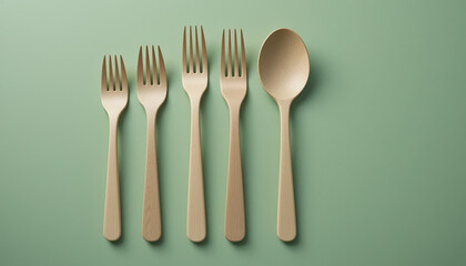 A flat lay of four forks and one spoon arranged on a light green background in a studio setting