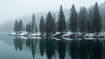 Snow-draped pine trees encircling a misty winter lake - serene forestcore photography with mirror-like reflections