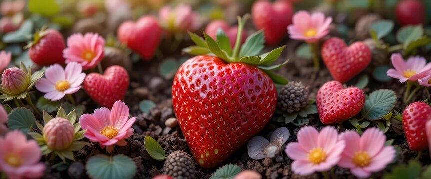  Strawberry surrounded by floral hearts a garden of sweet sentiments in full bloom.