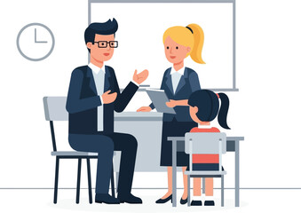Teachers Talking to a Young Student in a Classroom During a Parent-Teacher Meeting Style Illustration