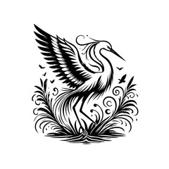 A graceful crane stands amidst lush foliage with wings outstretched