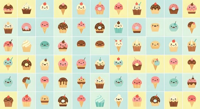 A colorful collection of cute kawaii dessert characters. This pattern features cartoon cupcakes and ice cream cones with happy faces on a pastel background