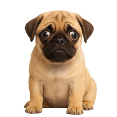 isolated transparent A sad Pug dog sits upright in a bright color scheme, emphasizing its large, round eyes and emotion on White Background PNG die-cut for advertising, sad face pug sitting cute puppy