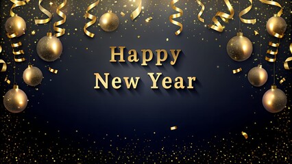 Happy New Year 2025 Greeting with Golden Christmas Baubles, Ribbons, and Sparkling Festive Lights