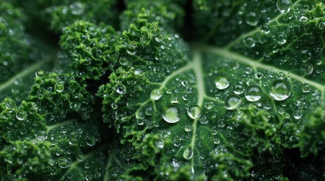 Macro photography of water droplets on kale leaves - ultra high-resolution close-up with insane detail