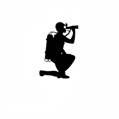 Silhouette of marine biologist examining plankton through portable scope on white background