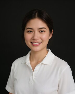 East Asian young woman wearing plain ivory white polo shirt smiling happy portrait on plain black background