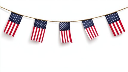 Patriotic garland of American flags strung on a rope hangs against a clean white background creating a festive and celebratory atmosphere for any occasion.