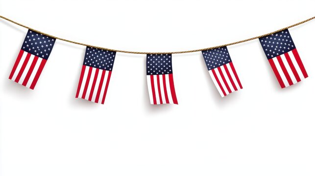 Patriotic garland of American flags strung on a rope hangs against a clean white background creating a festive and celebratory atmosphere for any occasion.