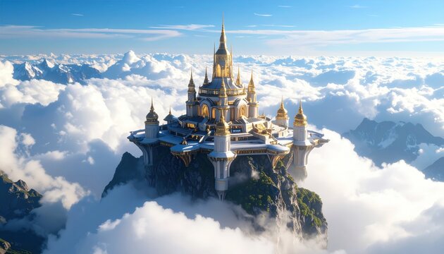 Golden-spire castle perched atop a misty mountain peak, surrounded by clouds and blue sky