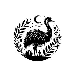 Obraz premium Emu bird illustration with moon and foliage in a circular design