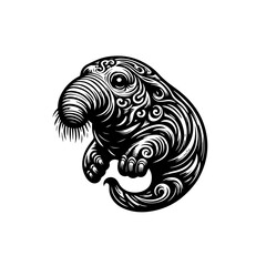 An ornate black and white illustration of a walrus