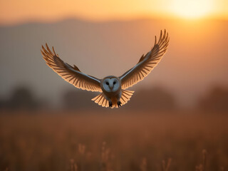 Obraz premium Pale Beige Barn Owl in Flight at Sunset Golden Hour Wings Spread Wide Open Field Background bird flying