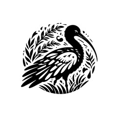 Fototapeta premium Stylized ibis bird illustration surrounded by foliage