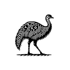 An artistic illustration of an emu in black and white