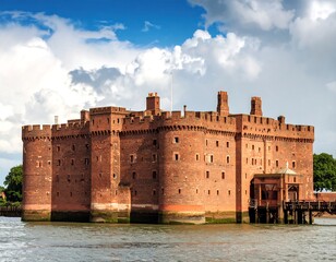 Red brick fortress on a river
