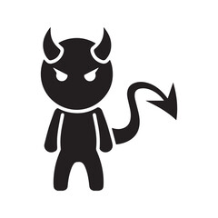 Cute Devil Icon, Black Silhouette of a Mischievous Cartoon Demon Character, Simple Vector Graphic.
