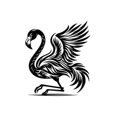 Obraz premium A black and white illustration of a flamingo with wings spread