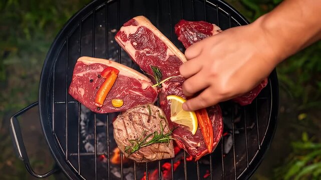 Overhead Shot of Red Raw Steaks and Grilled Meat on a Barbecue Grill with Flames and Vegetables